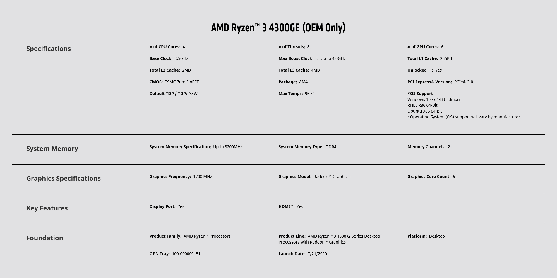 AMD RYZEN 3 4300GE Quad core 4 Core 8 Threads Max Boost 4.0 GHz